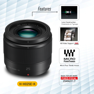 Lumix G 25mm f/1.7 Asph. Single Focal Length Lens, 240 fps Drive Capability (H-H025E-K, Black)